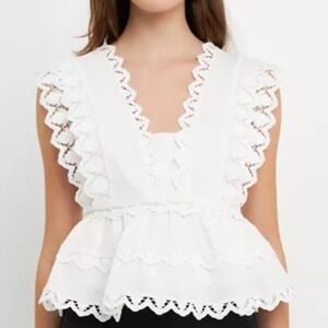 Endless Rose NWT White Lace Trim Linen Cotton Peplum Top Women's Size Large